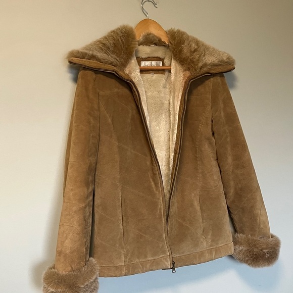 Jones New York Sport Genuine Leather Tan Faux Fur Trim Jacket - Picture 2 of 6